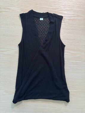 Three Dots Black Sleeveless Surplice Knit Tank